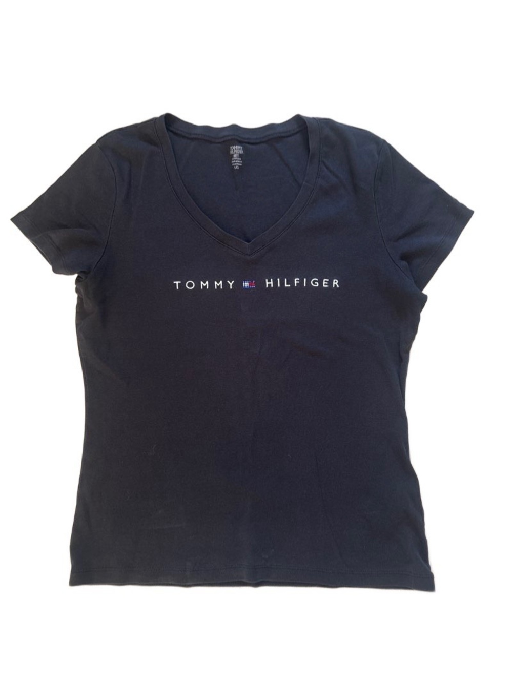 Tommy Hilfiger Black V-Neck Logo Tee with Center Script